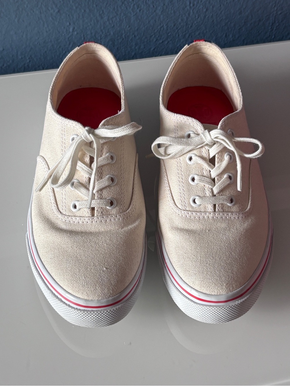 Tory Burch Classic Court Ivory Canvas Sneakers Red Navy Accents